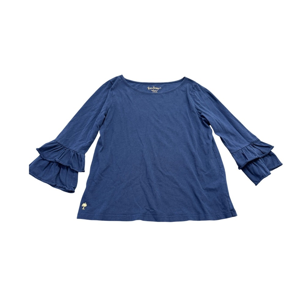 Lilly Pulitzer Ruffle Sleeve Top Girls XL 12-14 Navy Blue Cotton Palm Tree Tee